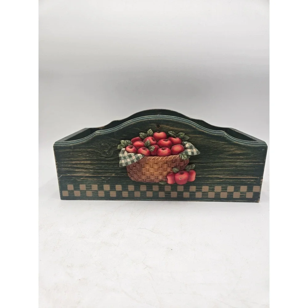 Vintage Country Rustic Green Wooden Caddy Apple Basket Farmhouse Primitive